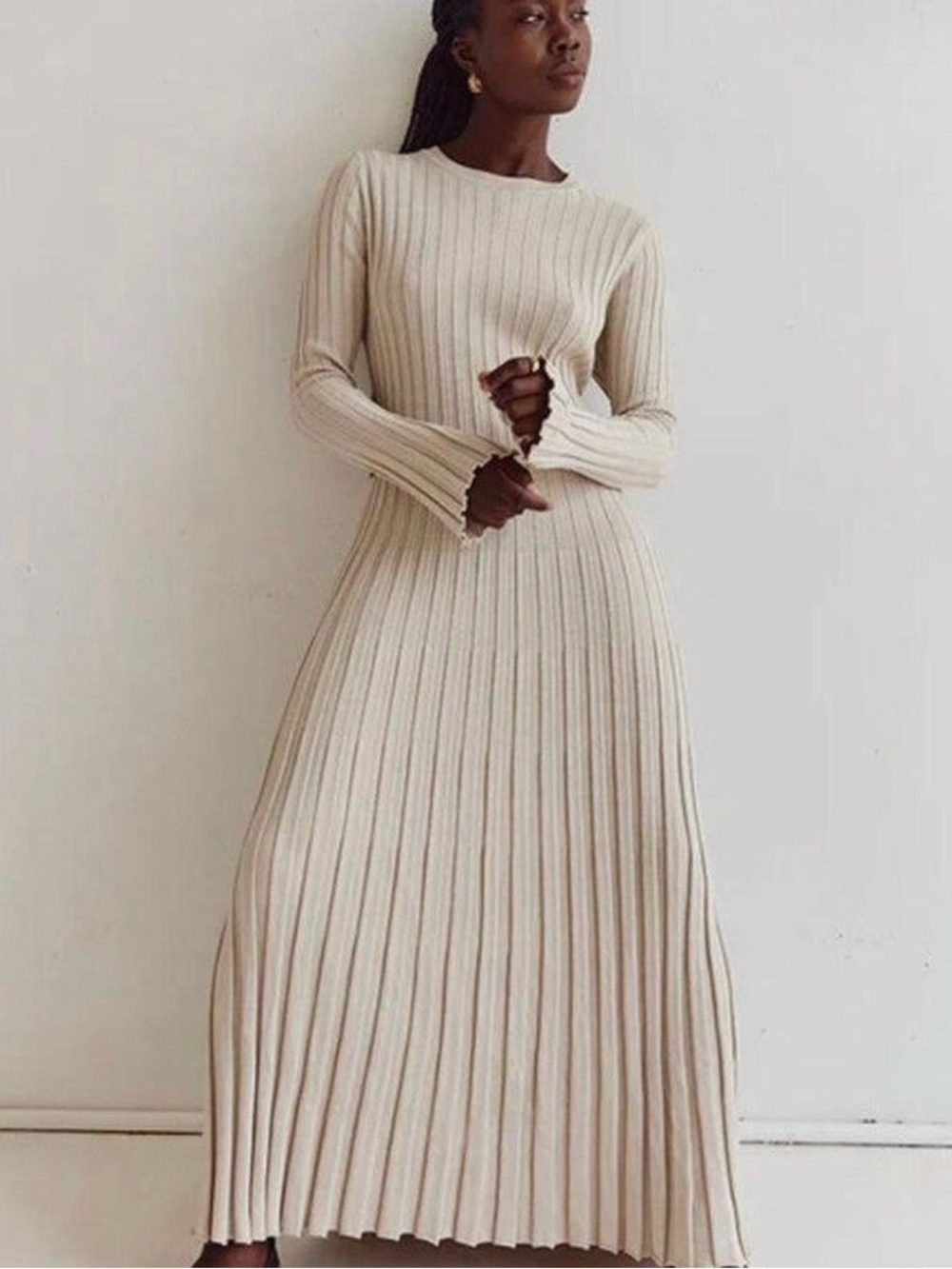 DISSH Cream Ribbed Long-Sleeve Maxi Dress